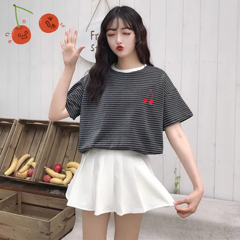 Ulzzang элегантный дизайн лучшие друзья футболка для женщин в полоску топы лето KPOP Корея фрукты вышивка женская футболка Милая одежда
