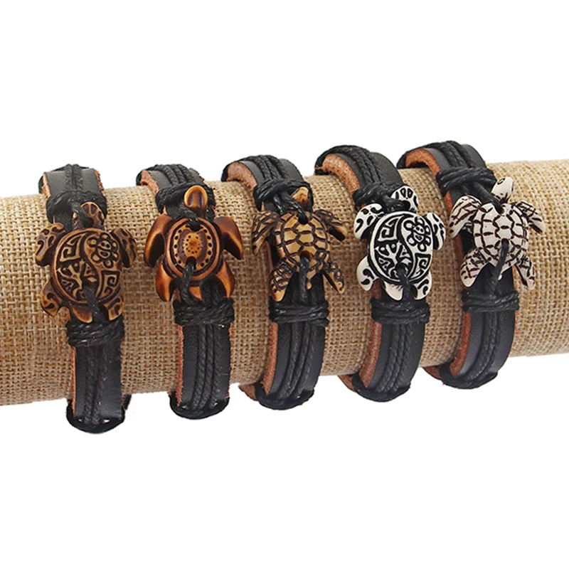 

10pcs Mens Mix White/Brown Tribal Sea Surfer Charm Turtle Leather Bracelet