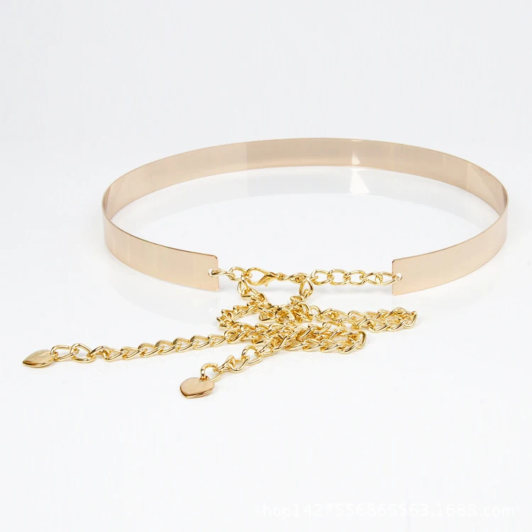 

Women Punk Full Metal Mirror skinny Waist Belt 2019 Metallic Gold Plate 3cm Wide Chains Lady ceinture sashes for dresses RT56