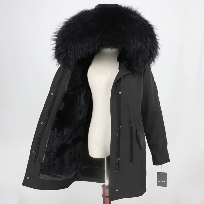 full black Женская меховая куртка OFTBUY, водонепроницаемая парка песочного цвета с подкладкой из натурального кроличьего меха, с меховой отделкой на капюшоне, верхняя одежда зима - Цвет: full black