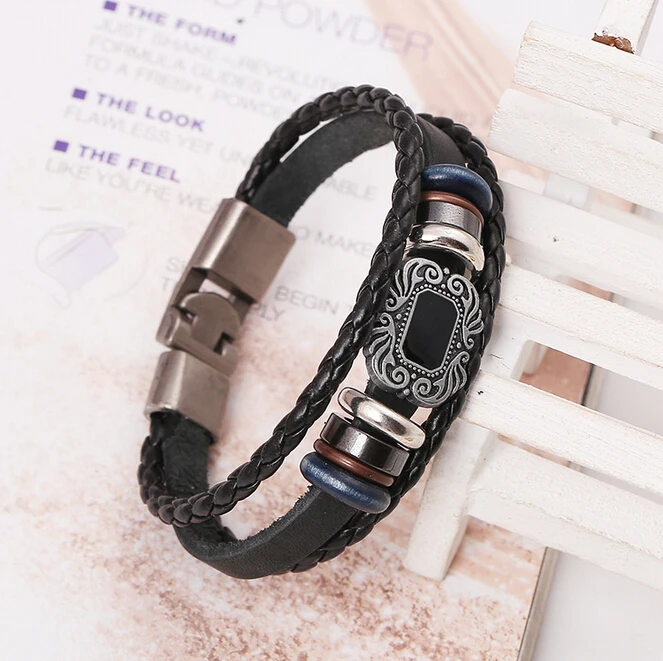 Punk Black Leather Charm Bracelets Vintage Anime Weave Beads Men's Iron Buckle Fashion Jewelry Bangles E18 |