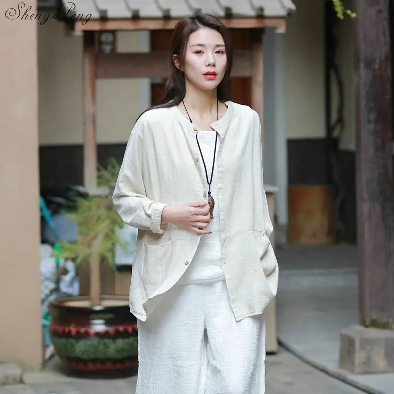 Китайская блузка рубашка традиционная китайская одежда для женщин льняная Восточная китайская одежда женские топы и блузки Q754