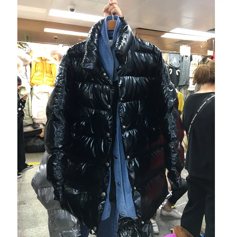 Теплая Глянцевая Серебристая черная парка для женщин Harajuku BF Свободная куртка ветровка пальто Зимняя утепленная Глянцевая пуховая парка для женщин