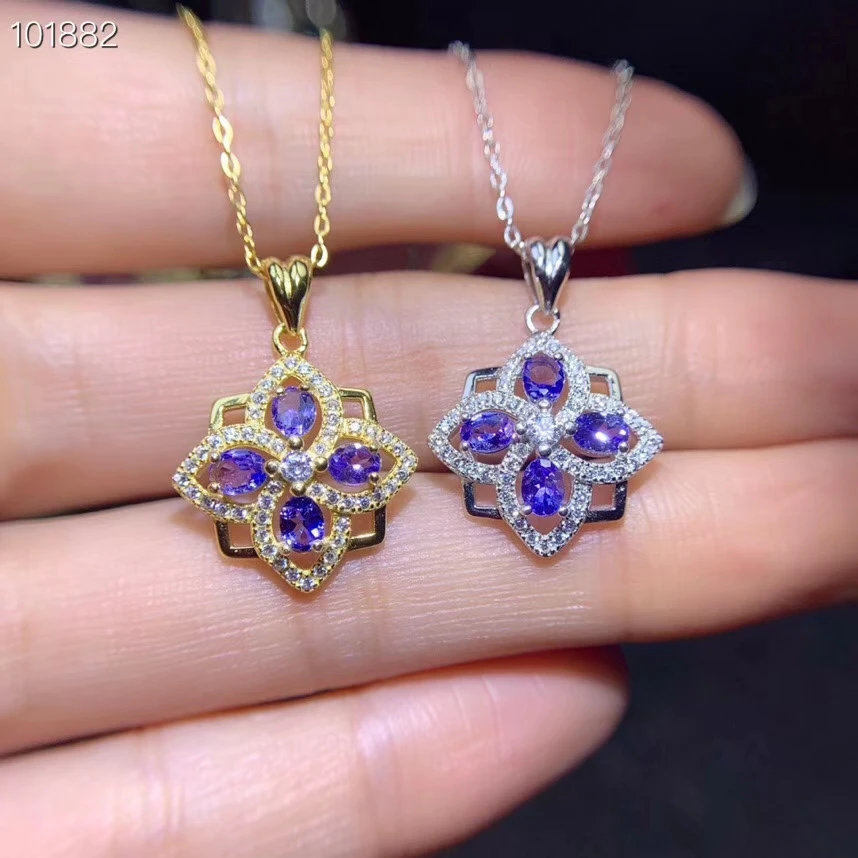 

Natural blue tanzanite gem pendant S925 silver Natural gemstone Pendant Necklace ancient Clover square women party gift jewelry