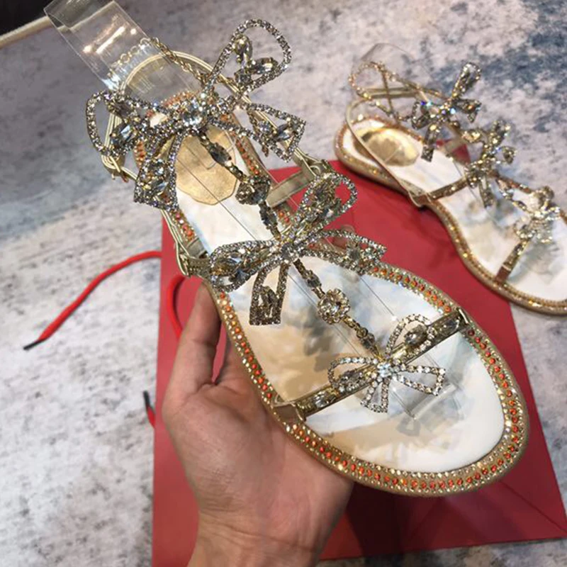 Сандалии-гладиаторы женские со стразами дизайнерская Летняя обувь на плоской