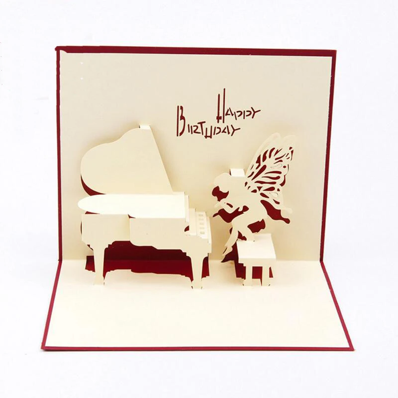 

3pcs/lot Piano Birthday Card 3D Kirigami Pop Up Card Handmade Angel Greeting Gift Cards Happy Birthday Day