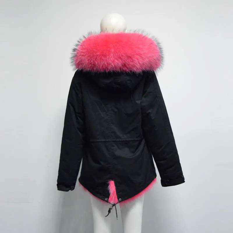 Длинная женская парка из кораллового лисьего меха с большим капюшоном енота