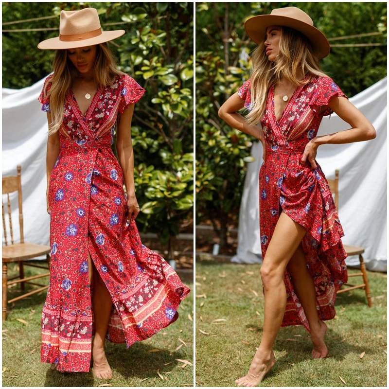 JaMerry Boho винтажное длинное платье макси с цветочным принтом, рукав с рюшами, сексуальные платья, богемное платье для отдыха на пляже, платье vestidos
