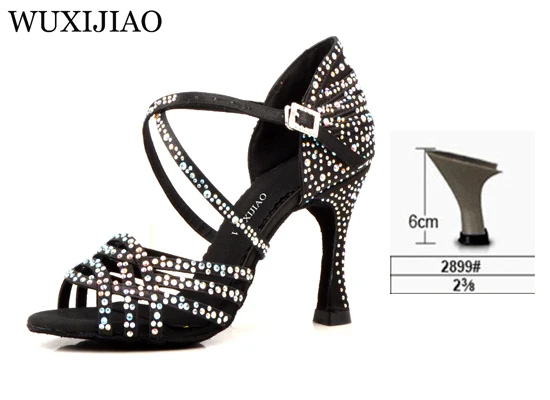 Black heel 6cm WUXIJIAO/женские вечерние туфли для сальсы и бальных танцев; туфли для латинских танцев; большие и маленькие стразы; блестящая кожа; черный атлас; Каблук 9 см - Цвет: Black heel 6cm