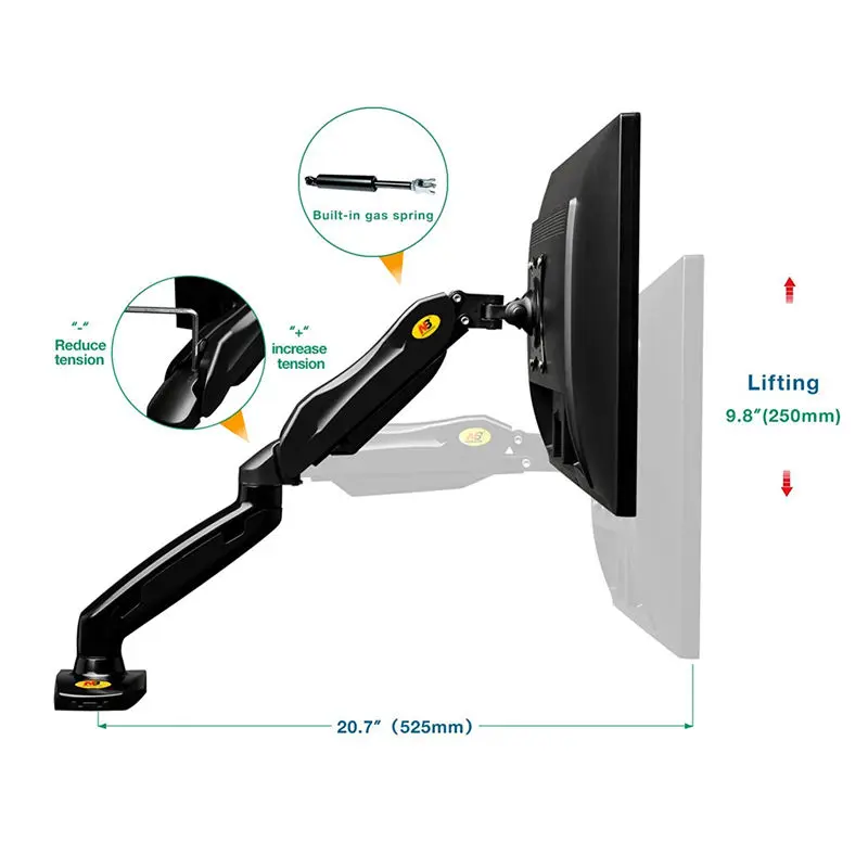 

F80 Monitor Desk Mount Stand 17-27" Computer Monitor Holder Arm Gas Spring Full Motion Flexible TV Monitor Mount Loading 2-6.5kg