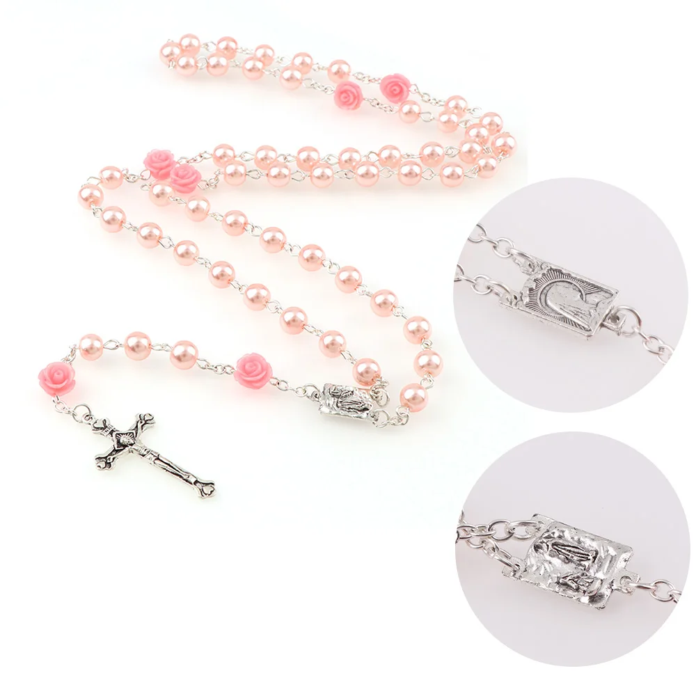 8 мм розовый фиолетовый цвета белого жемчуга бусы Розария ожерелье Святого с