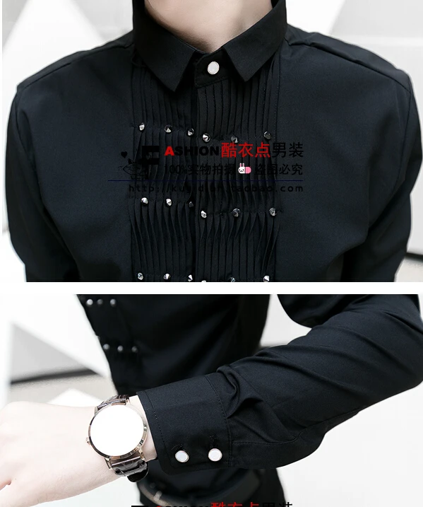 Мужская Облегающая рубашка с длинным рукавом плиссированная заклепками в