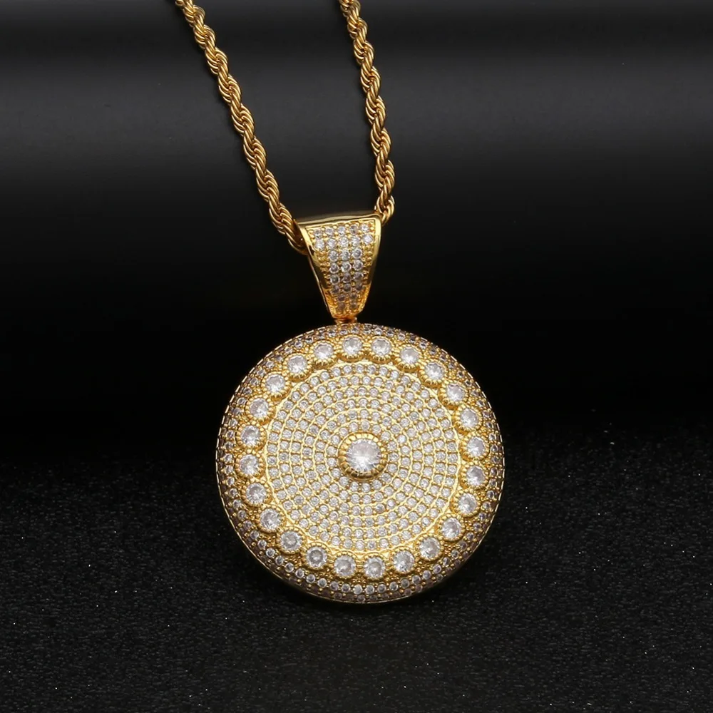 TBTK Round Shape Beautiful Pendant Circle Flower Pattern Paved Crystal Shining Zircon Simple Hiphop Style Jewelry Man | Украшения и