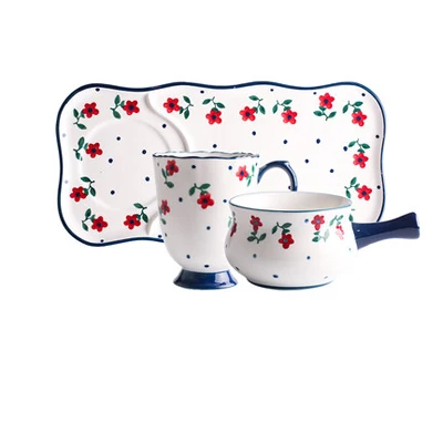 D 3-piece set Керамическое блюдо, японская посуда для завтрака, набор столовых приборов, посуда для одного человека, креативная Милая вишневая тарелка для завтрака, миска для овсяной каши - Цвет: D 3-piece set