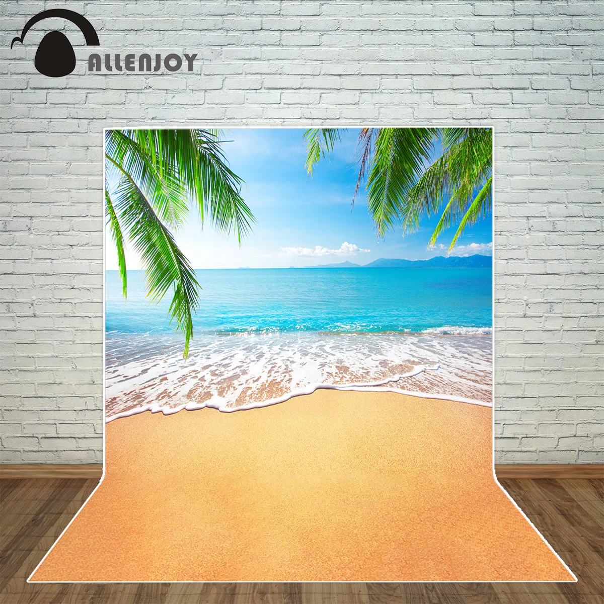 Фон Allenjoy для фотостудии голубые морские волны тропический песчаный пляж дерево