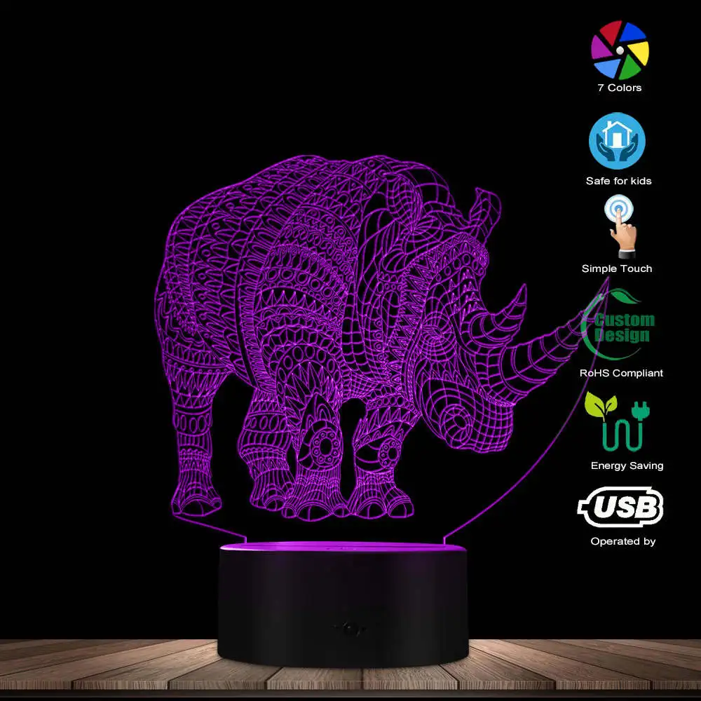 Rhinocero 3D многоцветная светодиодная лампа с животным дизайном Оптическая иллюзия