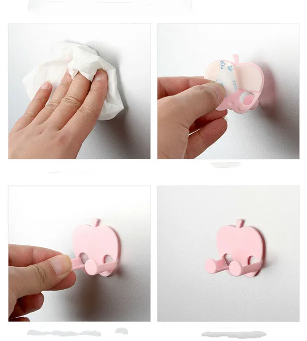 4pcs Lovely Sticky Apple Shape Plug Linked Holder Hooks housekeeper decorative wall hooks Wall Hook organizer Bag Hanger home | Дом и сад