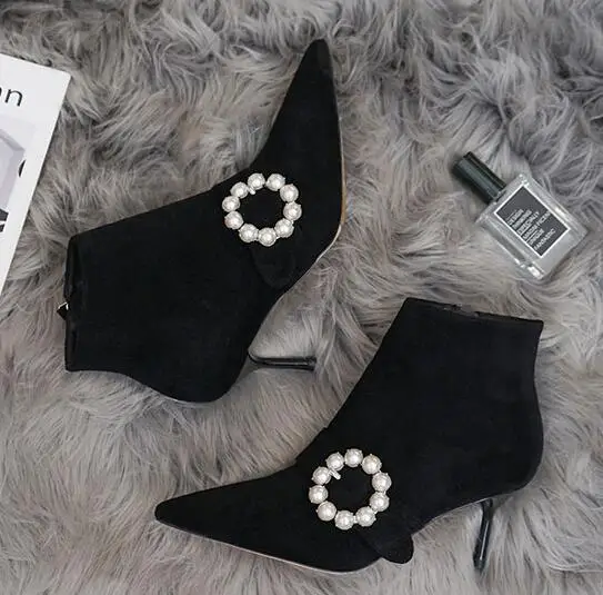 

New 2019 Sexy Black Flock Ankle Boots Pearls Pointed toe Stiletto 7cm High Heel Women Boots Shoes Woman 35-39