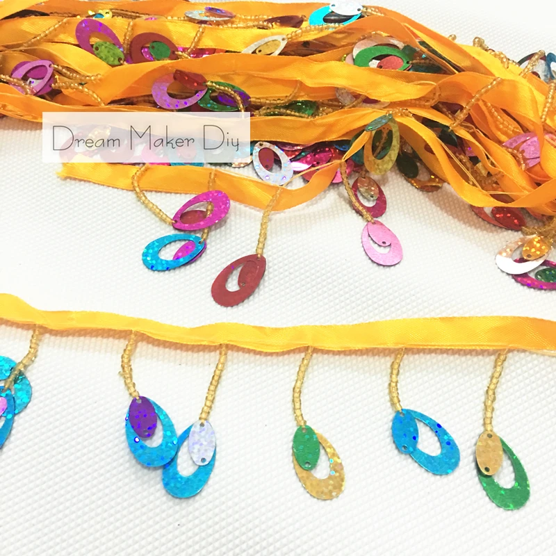 Блестящий Золотой с бахромой расшитая блестками Лента кисточками бисером длина