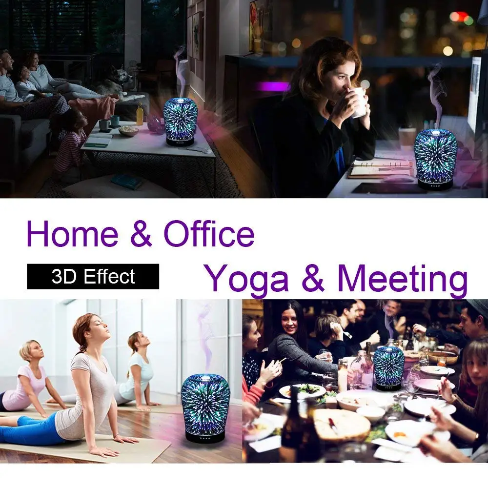 Essential Oil Ultrasonic Cool Mist Humidifier 3D Glass Fireworks 7 Color Change Night Light Aromatherapy Quiet For Home Office | Бытовая