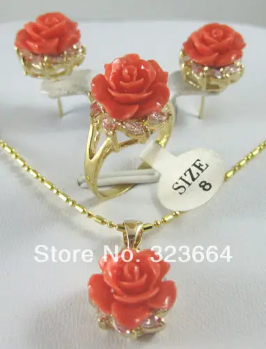 

plated Pink Rose coral flower Pendant Earring Ring Sets