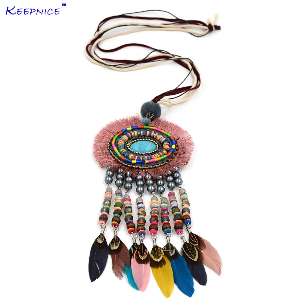 

New handmade Bohemia Boho beads long fringe pendant Maxi Necklace colorful beaded chain tassel feather pendants Necklaces