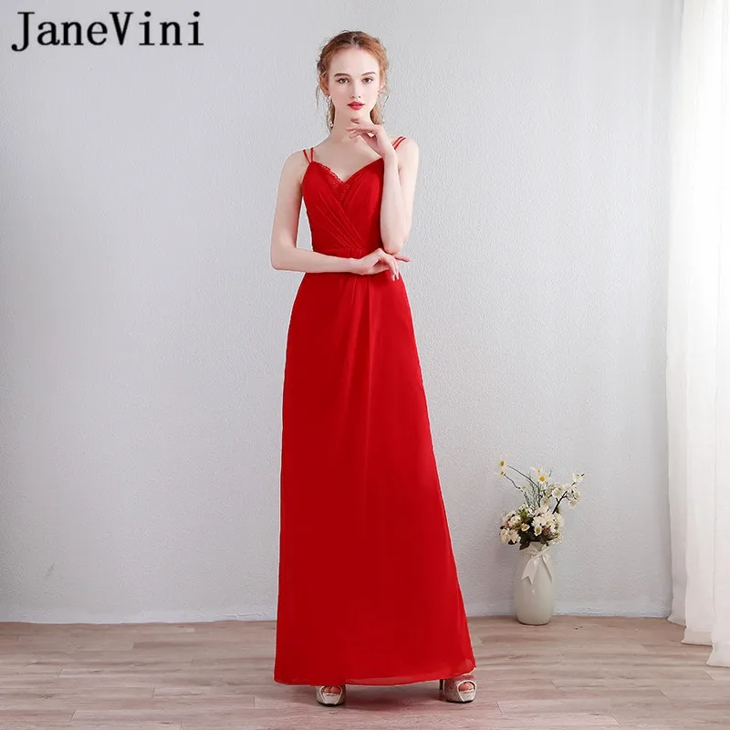 

JaneVini Kleid Chiffon Simple Red Bridesmaid Dress 2018 Long Wedding Party Dresses Lace Pleat V-Neck Women Formal Prom Gown Sexy