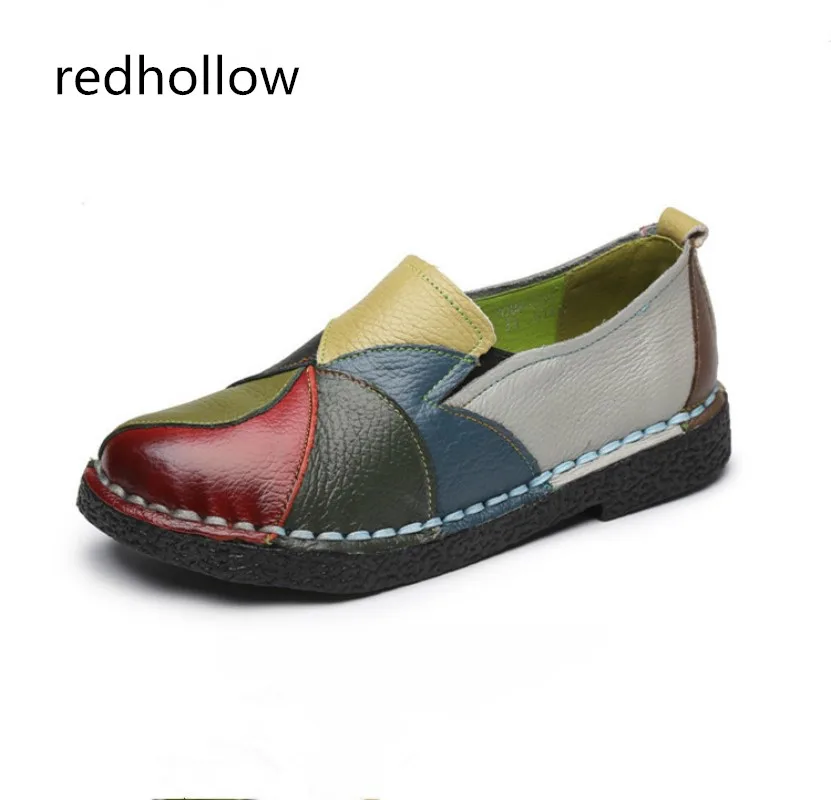 

Genuine Leather Flat Women Shoes Hand-sewn Leather Loafers Vintage Mixed Color Spring Casual Shoes Women Flats Slip on Shoes