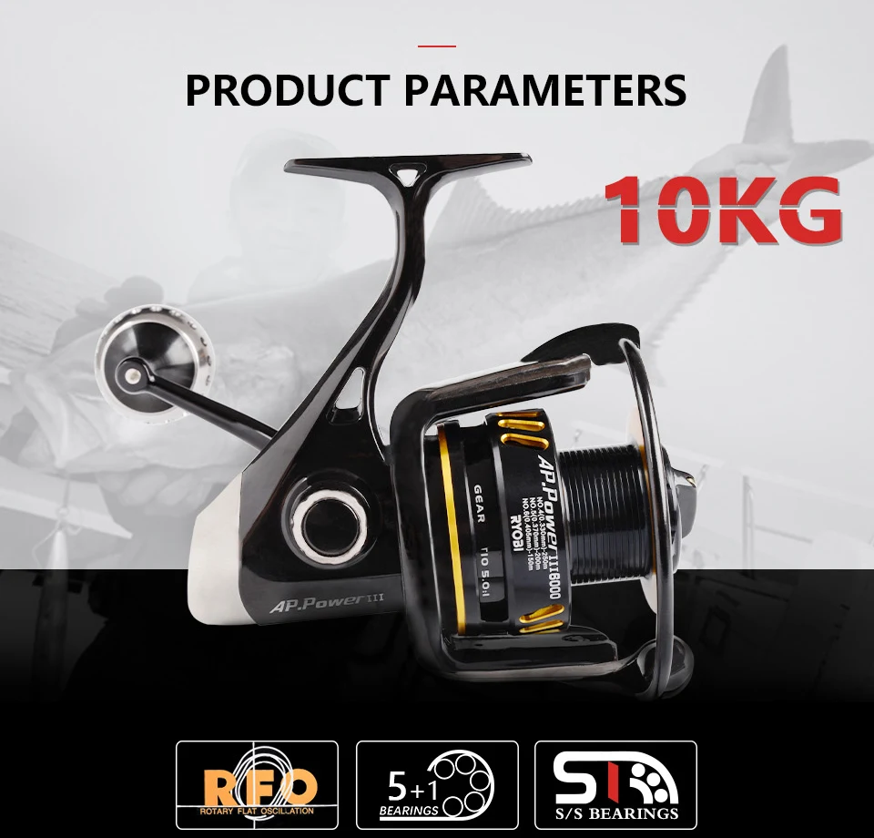 18 оригинальных Спиннинговых Рыболовных Катушек RYOBI AP-POWER-III, 6000, 8000, 10000, передаточное отношение, 5,0: 1, полностью Металлическая катушка для соленой воды, Тяговая мощность 10кг