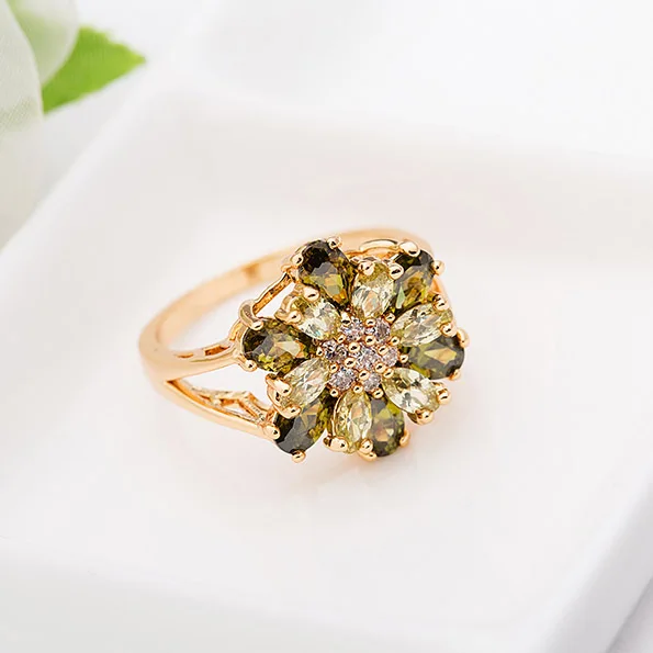 Luoteemi Фирменная Новинка заявление люкс большой цветок CZ палец Кольца Champagne Gold-Цвет кубический циркон ювелирные изделия для Для женщин свадебный подарок - Цвет основного камня: Зеленый