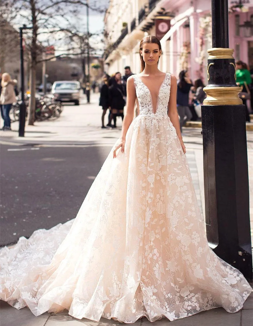 Robe De Mariee элегантное белое свадебное платье трапециевидной формы с аппликацией и v-образным вырезом Свадебное платье вечерние Длинные свадебные платья из фатина Vestido Noiva