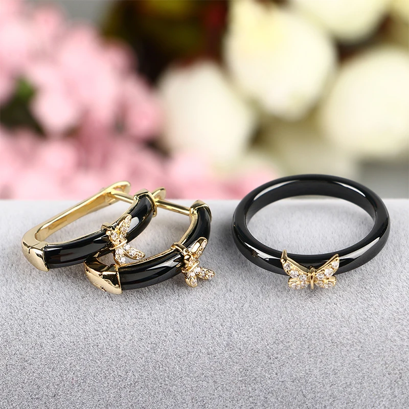 Золотые кольца и серьги с бабочками стразы AAA наборы керамических украшений для