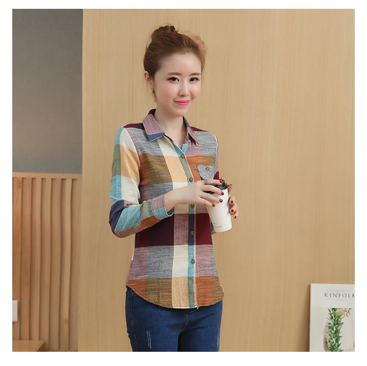 Корейский Клетчатый консервативный Стиль Блузка Весна Осень 2019 Новый кардиган с