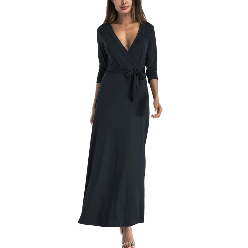 2017 High Split Maxi Dress Solid Sexy Full Sleeve Deep V-Neck Sashes Dresses vestidos | Женская одежда