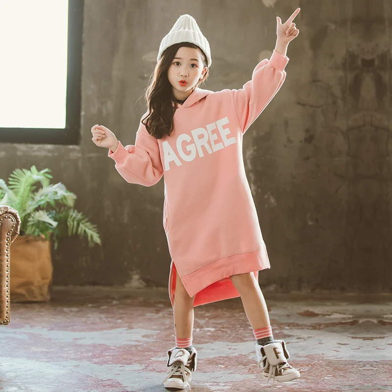 Kids Girls Fleece Dress Fall Winter 2020 Big Long Sleeve Thick Hoodie Dresses Casual Hooded Coat Clothes | Детская одежда и обувь