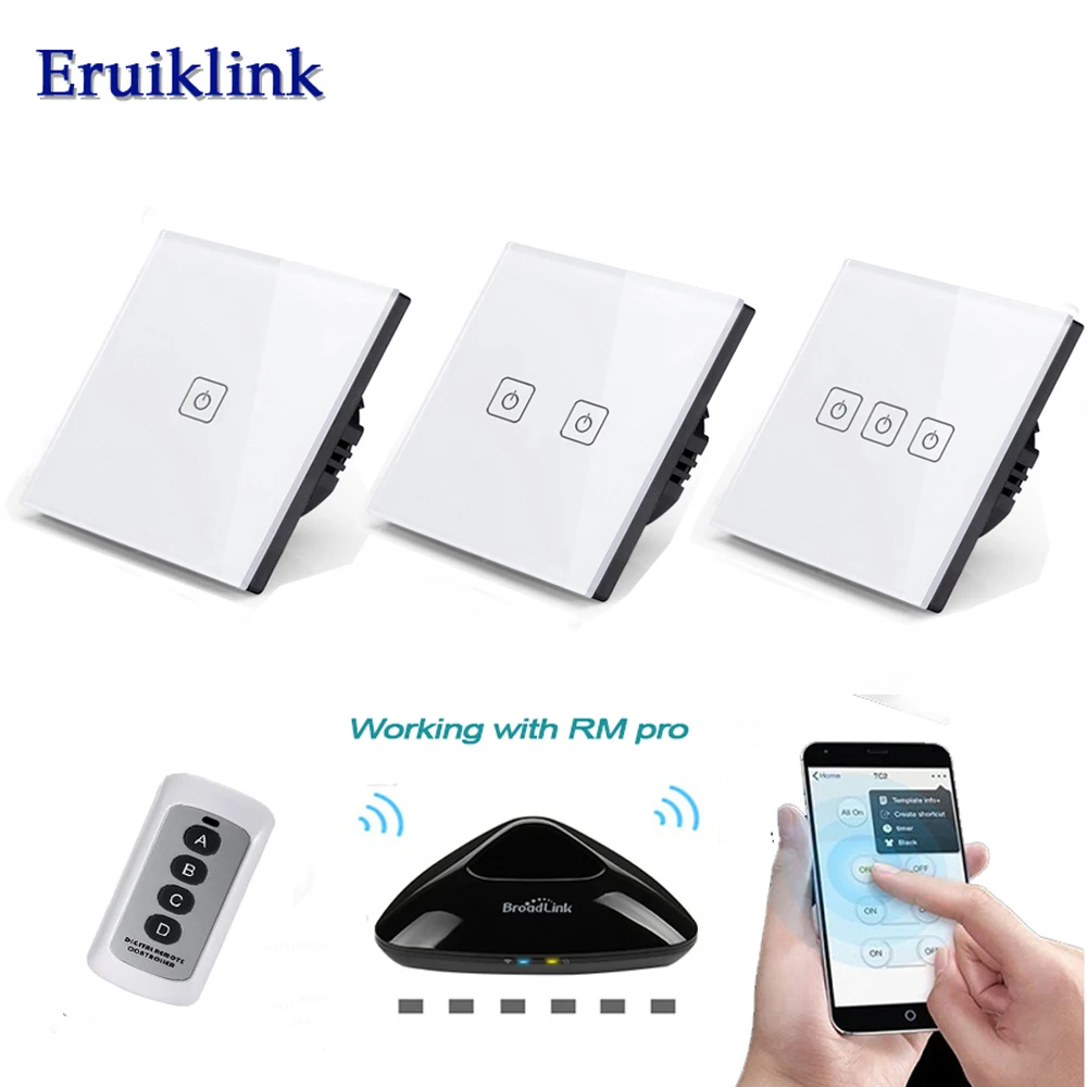ЕС/UK Стандартный eruiklink сенсорный выключатель 1 Gang/2 Gang/3 Gang 1 Путь, один Fireline настенный выключатель света, Белый Кристалл закаленное Стекло