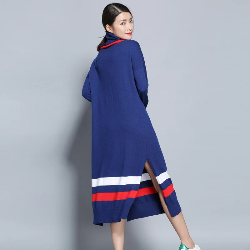 Autumn Winter women Full Sleeve High collar Knit sweater Dress female Loose Split Stripes Womens long Sweaters | Женская одежда