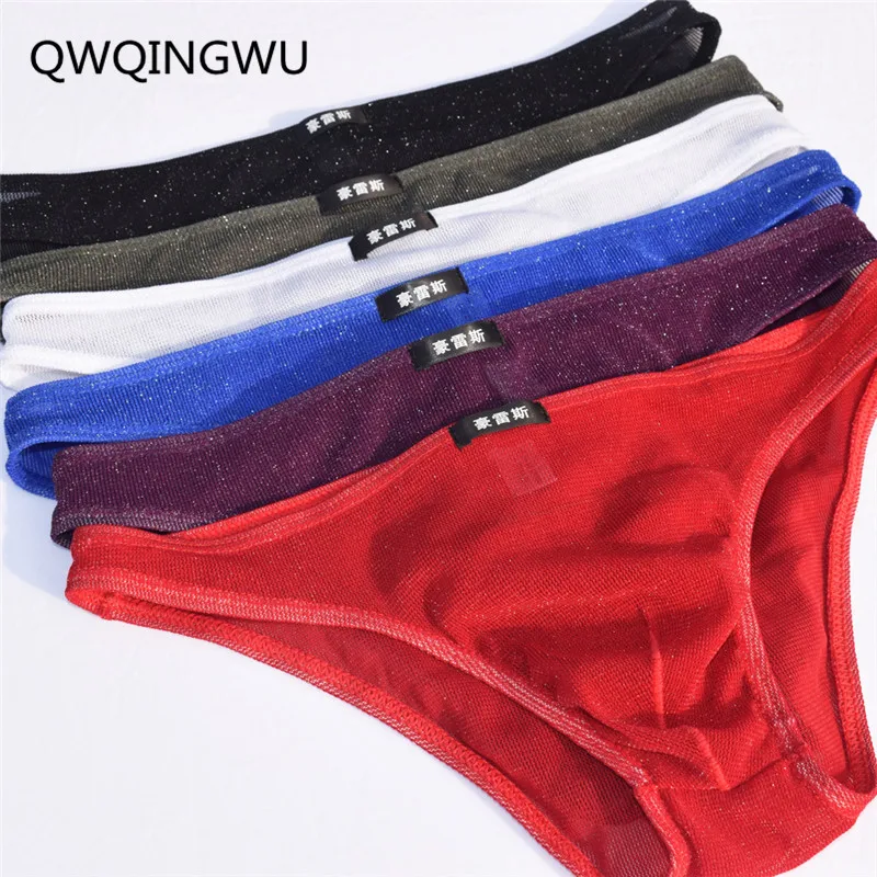 6PCS Sexy Briefs Men Underwear Bright Color Mesh Brief Transparent Men's Sexy U Convex Lingerie Underwear Gay Gauze Cueca Briefs