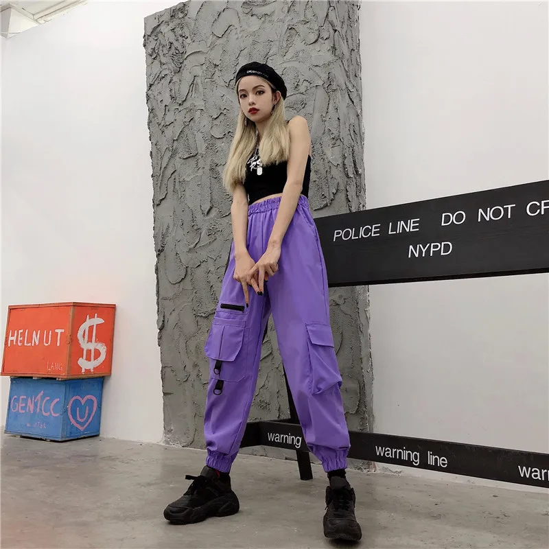 Фиолетовые женские штаны Карго уличная одежда женская bf ins harajuku хип хоп корейский