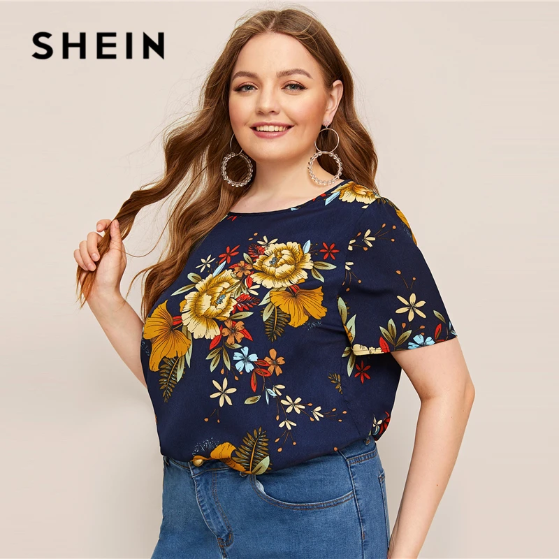 SHEIN, блузка размера плюс, темно-синяя, с растительным принтом,, женская, летняя, Цветочный, Круглый ворот, короткий рукав, обычная, плюс, блузки, рубашка