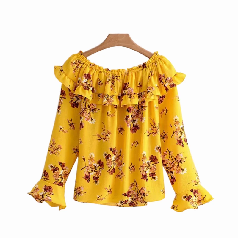 Womens Elegant Flower Print Chiffon Top Sexy Slash Neck Splicing Ruffled Trumpet Long Sleeve 2018 New Summer Beach Blouse |