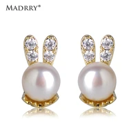 madrry natural freshwater pearl stud earring little rabbit shape zircon earrings for women girls birthday party ear accessories