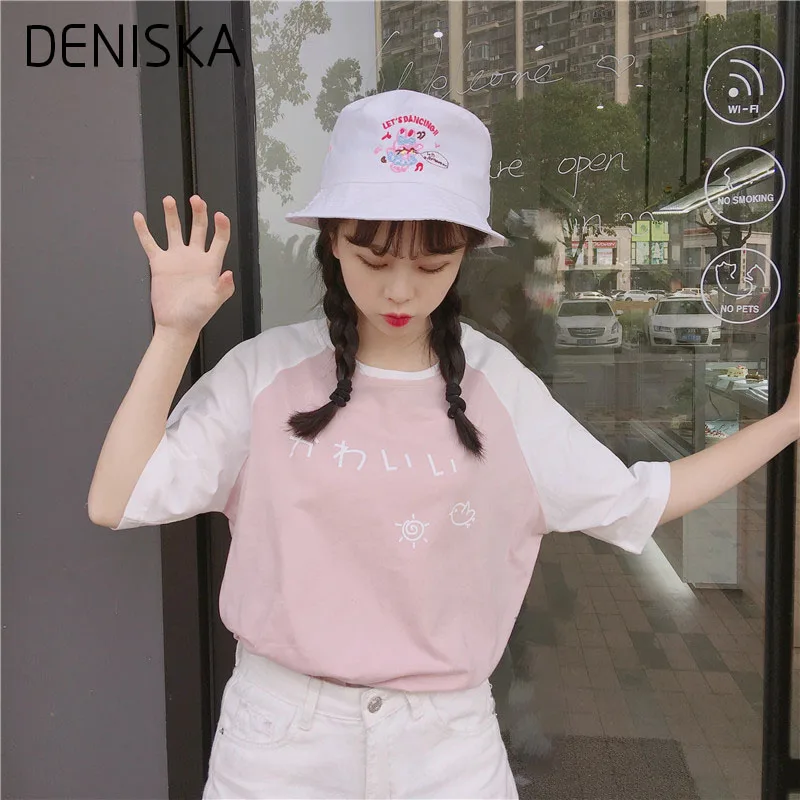 Дениска японский Harajuku милые футболка с буквенным принтом Для женщин 2018 летние