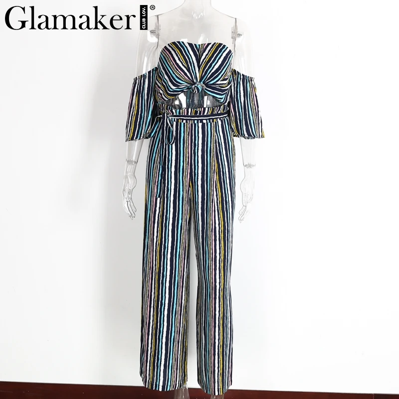 Женский комбинезон с открытыми плечами Glamaker Летний в полоску на шнуровке костюм