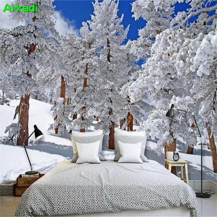 Custom Size 3D Photo Wedding Photography Snow Theme Backgrounds Mural Winter Snowy Trees Birch Forest Wallpaper Living Room