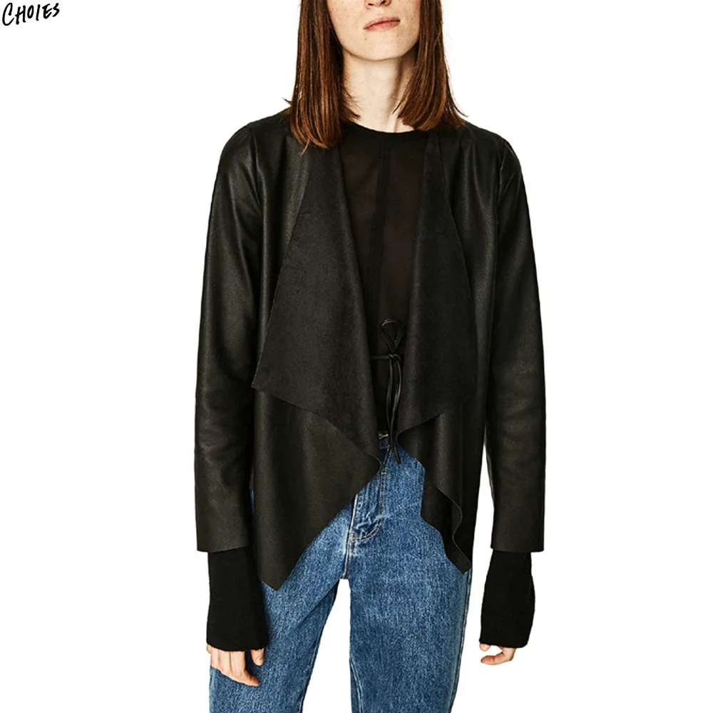 2 цвета искусственная кожа водопад спереди широкий отворот куртка осень для