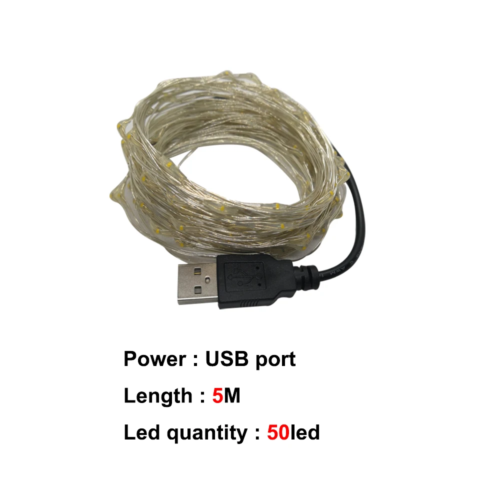 USB DC5V-5M Светодиодный светильник-гирлянда s 10 м, 5 м, 2 м, 1 м, серебряная проволока, гирлянда, праздничная, Рождественская, свадебная, праздничная, на батарейках, 5 В, USB, сказочный светильник - Испускаемый цвет: USB DC5V-5M
