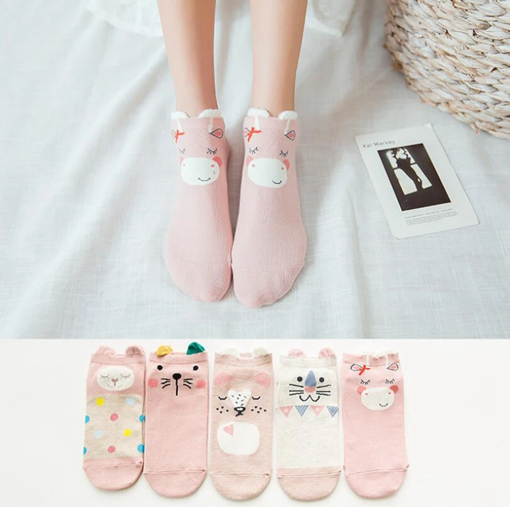 5pairs Women Cute Socks Harajuku Cartoon Cat Pattern Casual Cotton Happy Funny Female Ankle Socks Thin Summer Low Cut Style