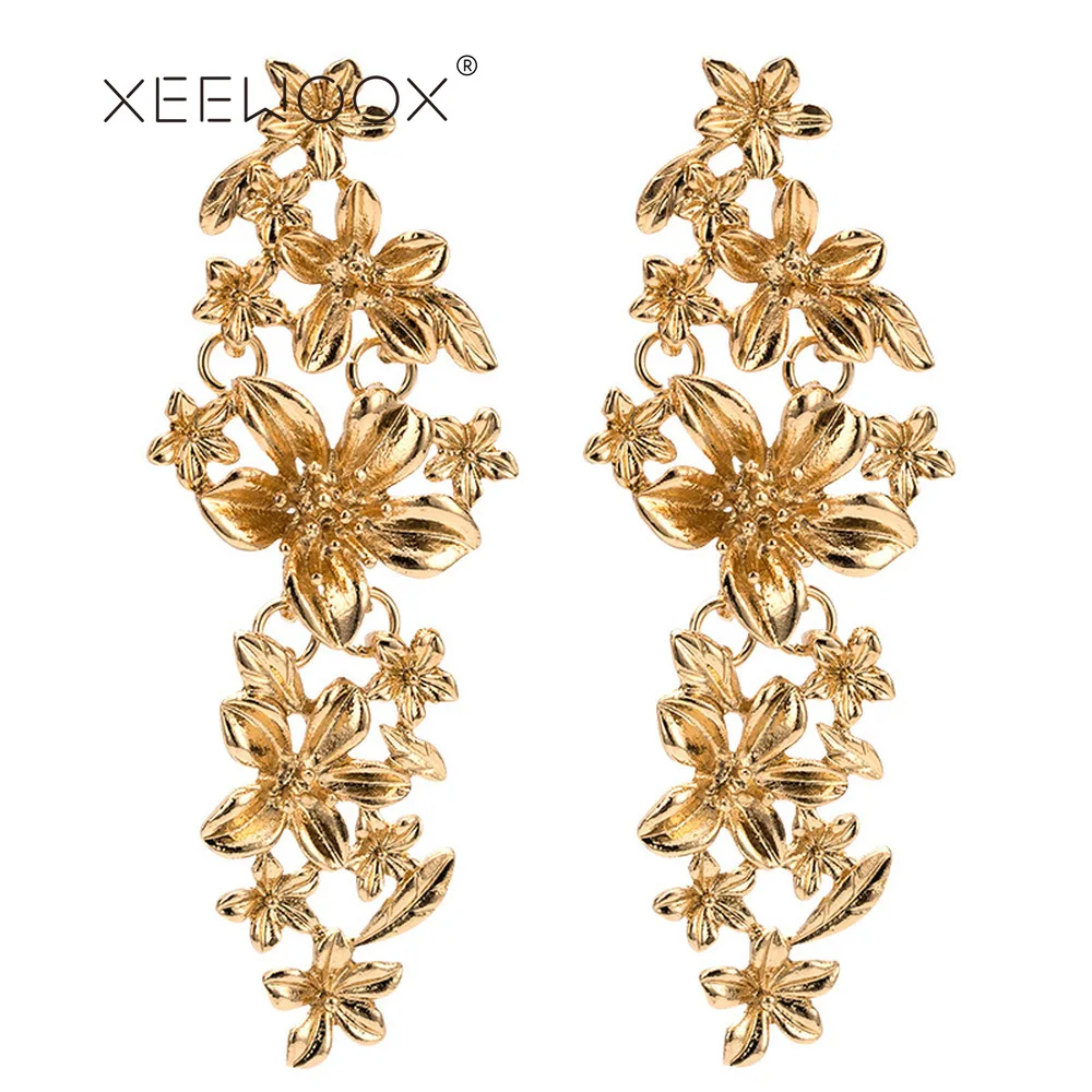 XEEWOOX New Fashion Trendy Simple Vintage Gold Metal Earrings For Women party Jewelry long Circle Multi Layers flower |