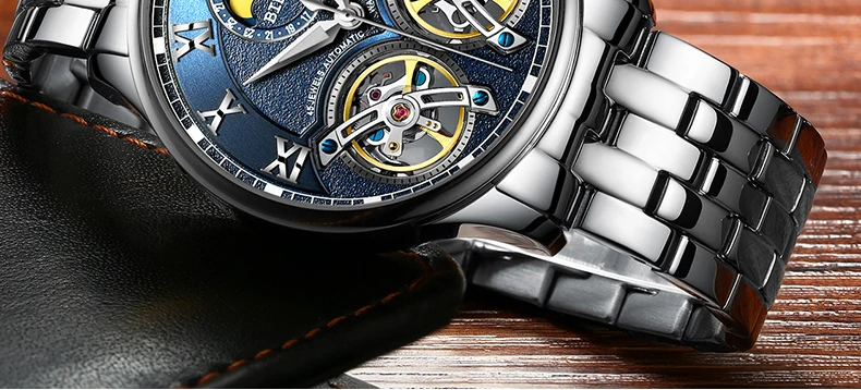 Швейцарские мужские часы с двойным Tourbillon, BINGER, автоматические часы для мужчин, модные механические наручные часы с кожаным ремешком